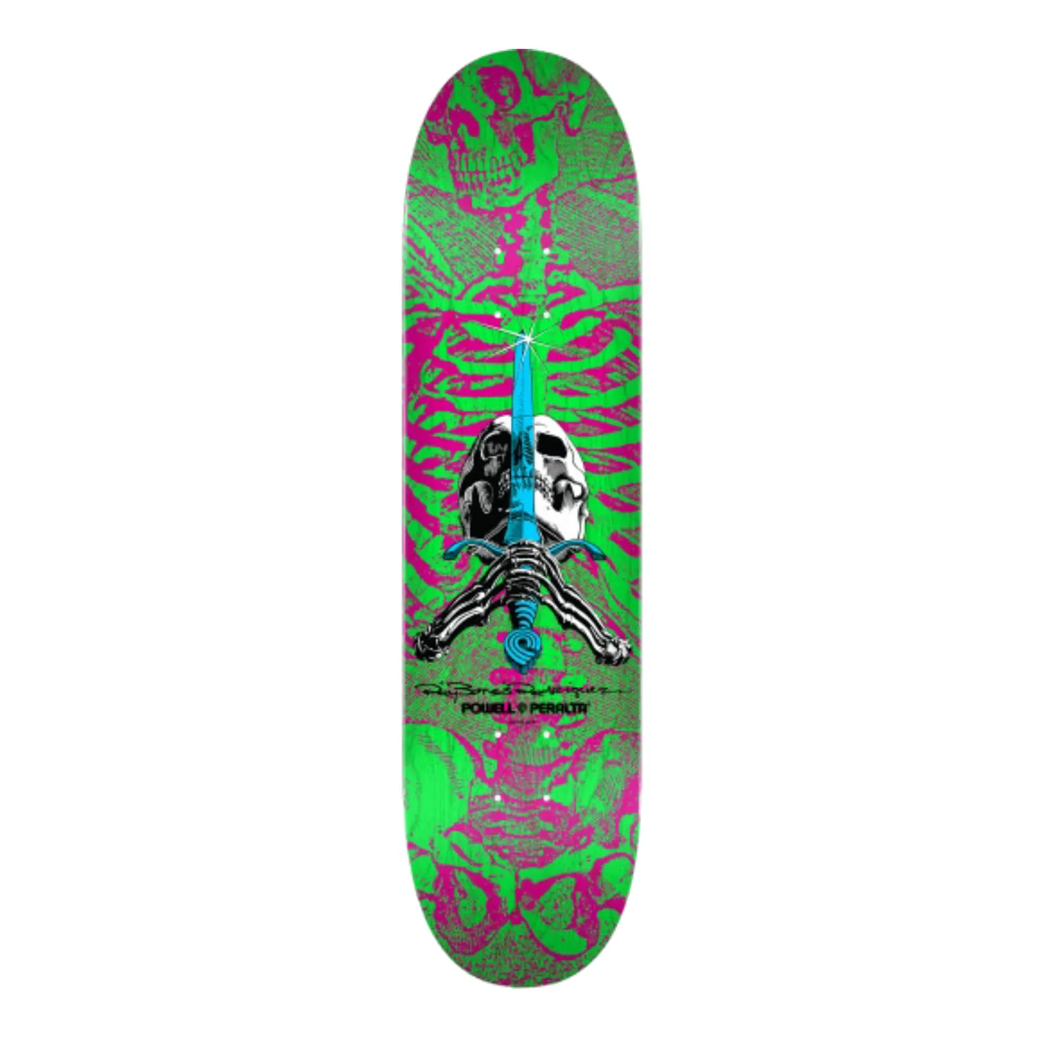 Powell Peralta Skull and Sword Skateboard Deck Pink/Green - Shape 247 - 8”x 31.45”