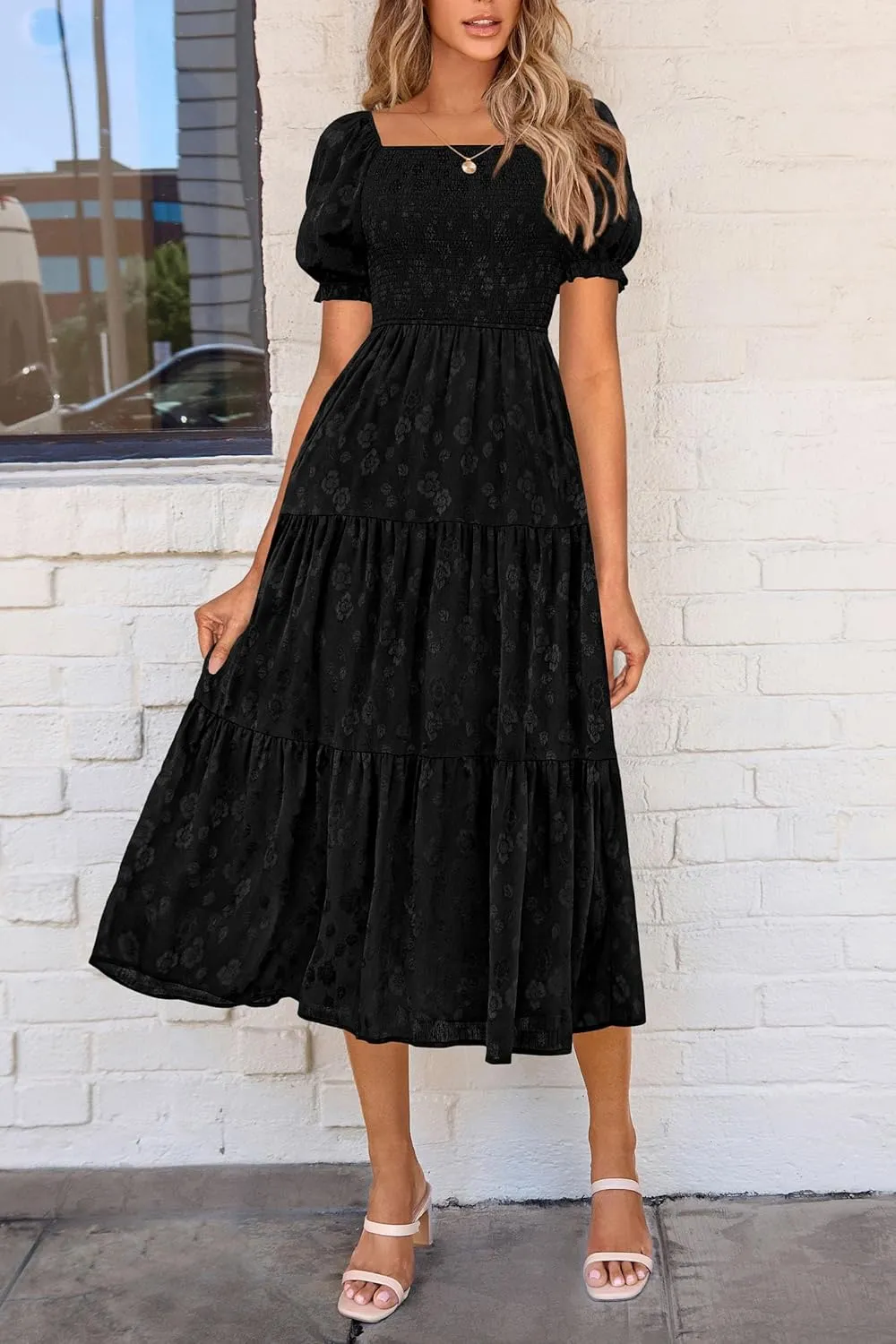 PRETTYGARDEN Women's 2025 Summer Casual Midi Dresses Square Neck Short Sleeve Smocked A Line Floral Flowy Elegant Boho Dress