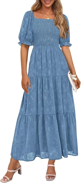 PRETTYGARDEN Women's 2025 Summer Casual Midi Dresses Square Neck Short Sleeve Smocked A Line Floral Flowy Elegant Boho Dress