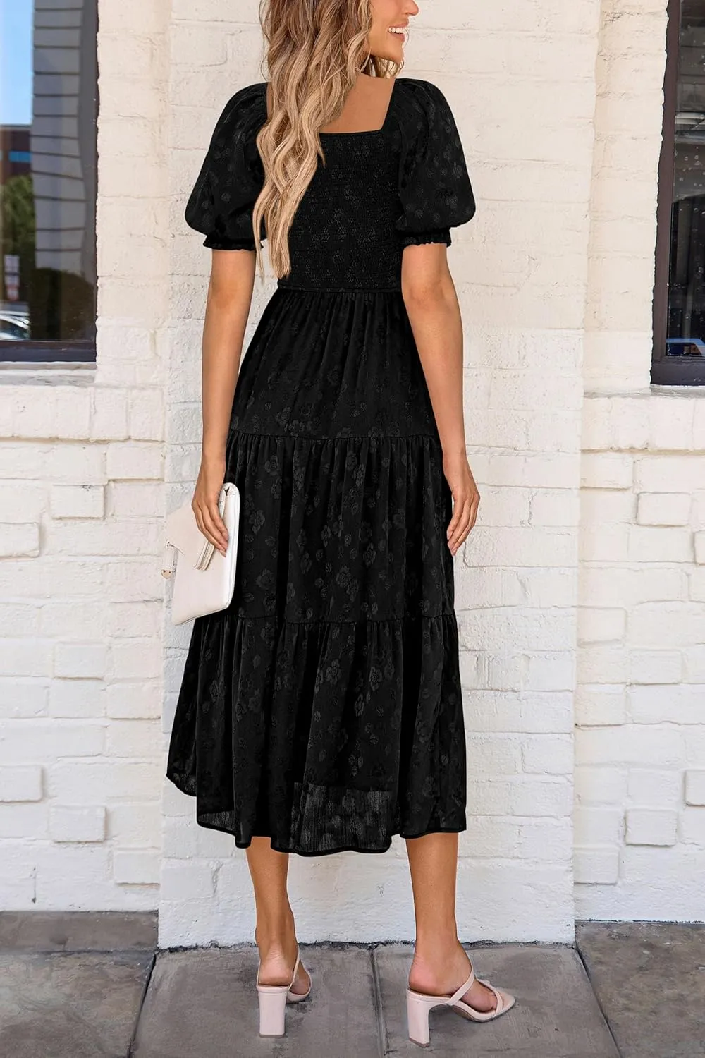 PRETTYGARDEN Women's 2025 Summer Casual Midi Dresses Square Neck Short Sleeve Smocked A Line Floral Flowy Elegant Boho Dress
