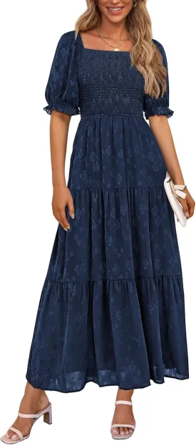 PRETTYGARDEN Women's 2025 Summer Casual Midi Dresses Square Neck Short Sleeve Smocked A Line Floral Flowy Elegant Boho Dress