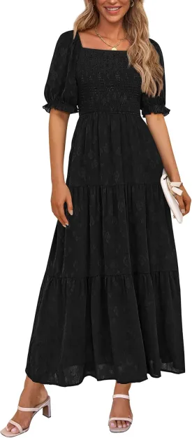 PRETTYGARDEN Women's 2025 Summer Casual Midi Dresses Square Neck Short Sleeve Smocked A Line Floral Flowy Elegant Boho Dress