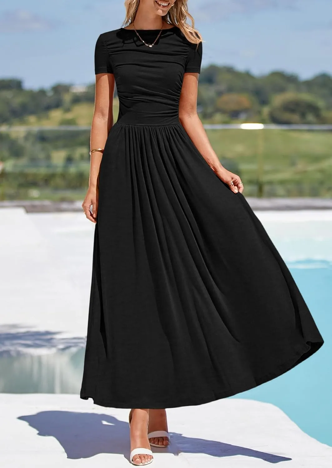 PRETTYGARDEN Women's Casual Dresses 2025 Summer Short Sleeve Ruched Patchwork A Line Pleated Swing Maxi Dress with Pockets