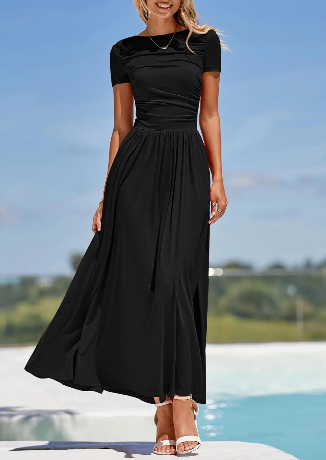 PRETTYGARDEN Women's Casual Dresses 2025 Summer Short Sleeve Ruched Patchwork A Line Pleated Swing Maxi Dress with Pockets