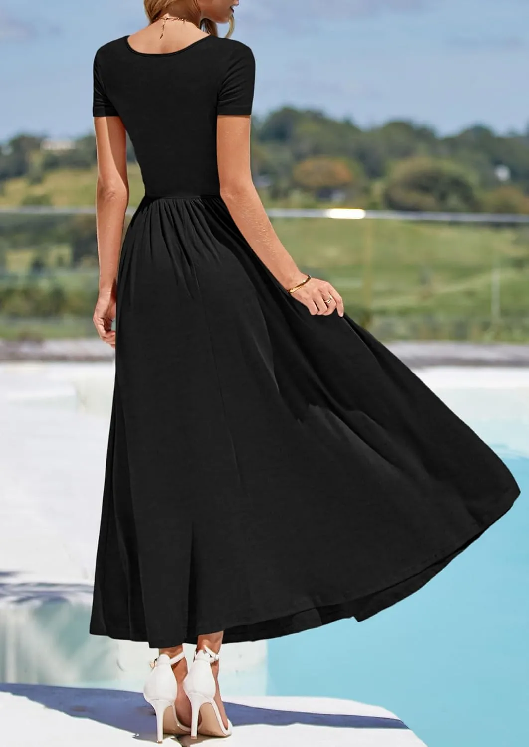 PRETTYGARDEN Women's Casual Dresses 2025 Summer Short Sleeve Ruched Patchwork A Line Pleated Swing Maxi Dress with Pockets