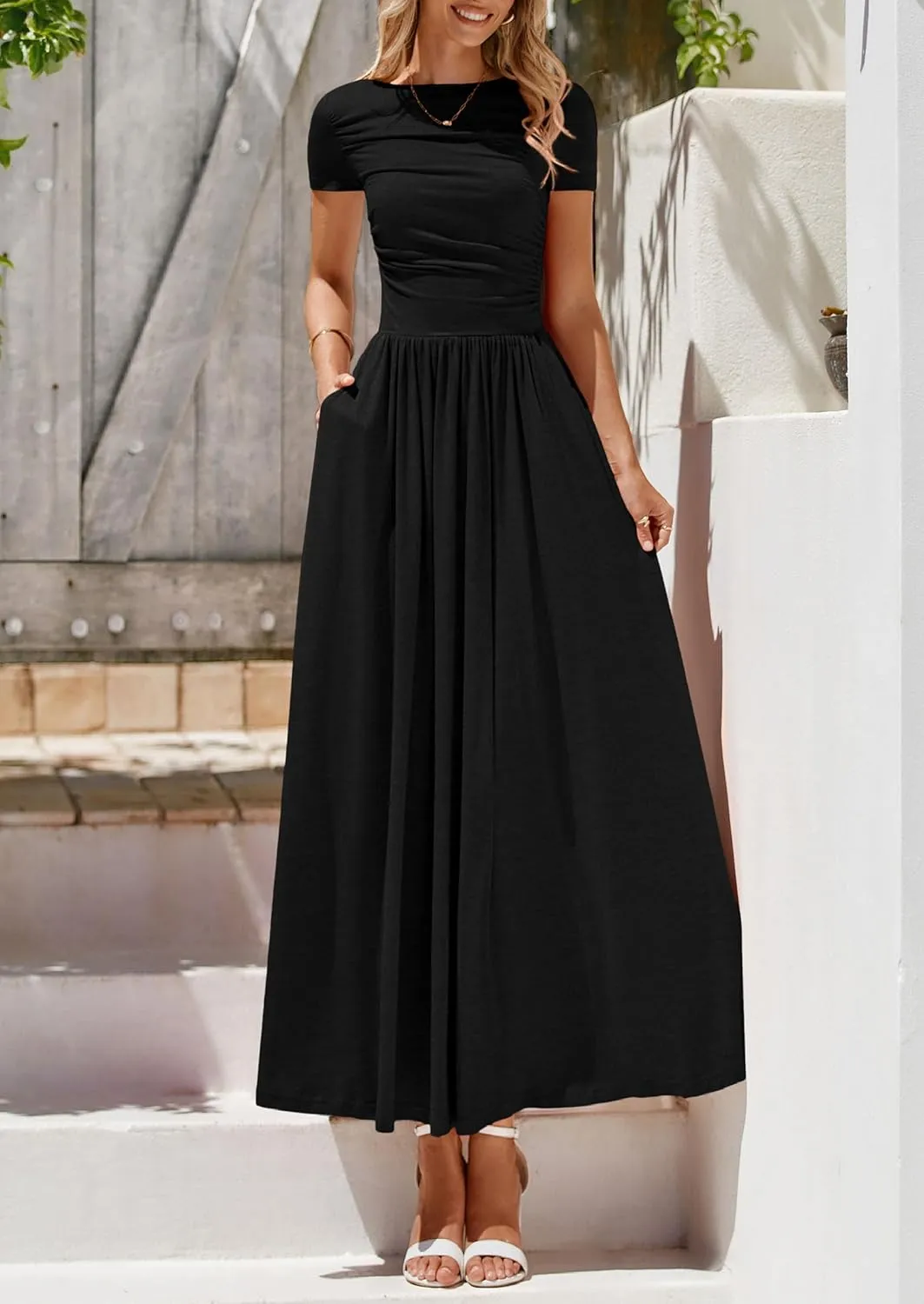 PRETTYGARDEN Women's Casual Dresses 2025 Summer Short Sleeve Ruched Patchwork A Line Pleated Swing Maxi Dress with Pockets