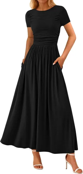 PRETTYGARDEN Women's Casual Dresses 2025 Summer Short Sleeve Ruched Patchwork A Line Pleated Swing Maxi Dress with Pockets