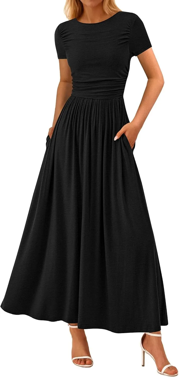 PRETTYGARDEN Women's Casual Dresses 2025 Summer Short Sleeve Ruched Patchwork A Line Pleated Swing Maxi Dress with Pockets