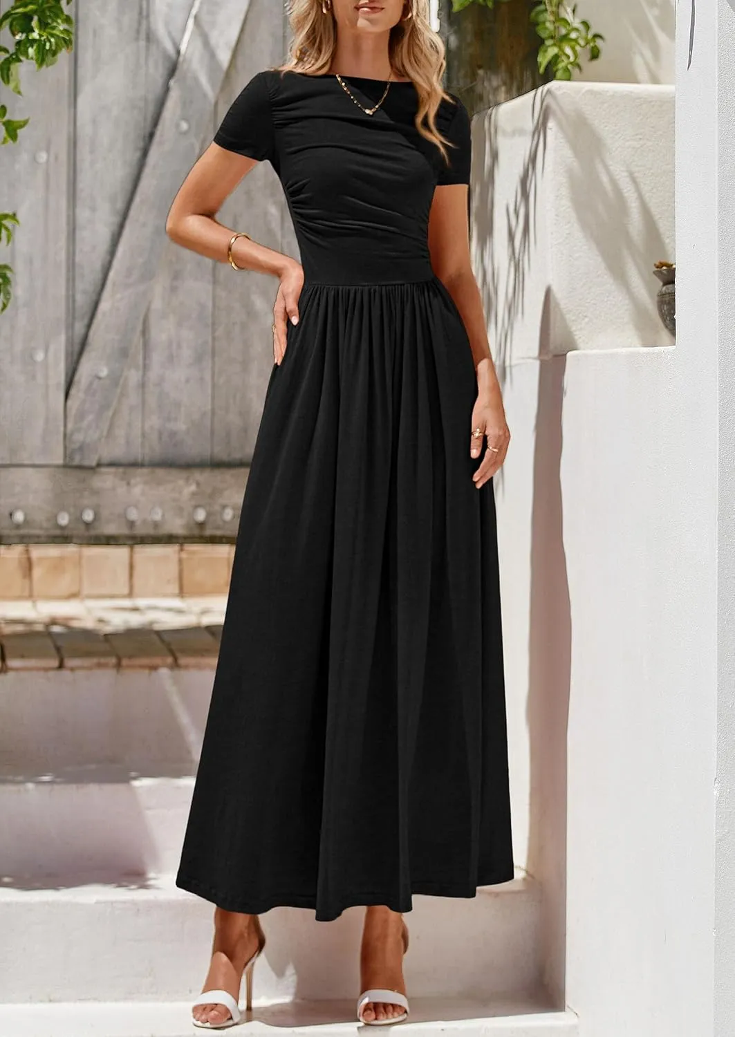 PRETTYGARDEN Women's Casual Dresses 2025 Summer Short Sleeve Ruched Patchwork A Line Pleated Swing Maxi Dress with Pockets