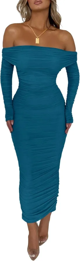 PRETTYGARDEN Women's Fall Off The Shoulder Maxi Dress Spring Long Sleeve Ruched Fitted Bodycon Club Dresses with Slit