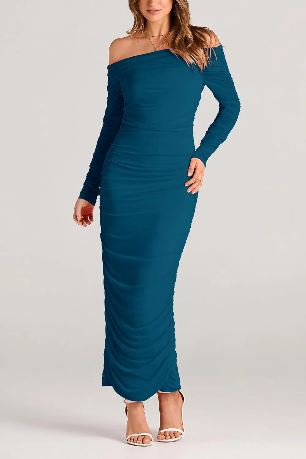 PRETTYGARDEN Women's Fall Off The Shoulder Maxi Dress Spring Long Sleeve Ruched Fitted Bodycon Club Dresses with Slit