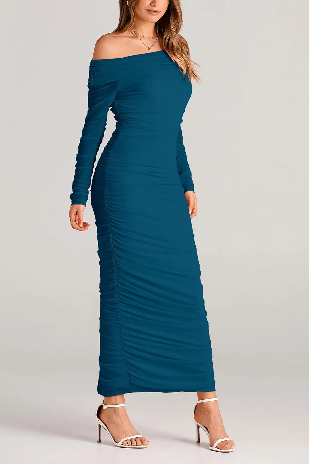 PRETTYGARDEN Women's Fall Off The Shoulder Maxi Dress Spring Long Sleeve Ruched Fitted Bodycon Club Dresses with Slit