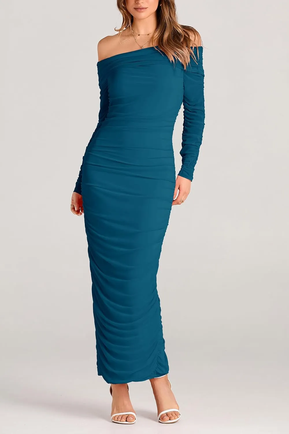 PRETTYGARDEN Women's Fall Off The Shoulder Maxi Dress Spring Long Sleeve Ruched Fitted Bodycon Club Dresses with Slit