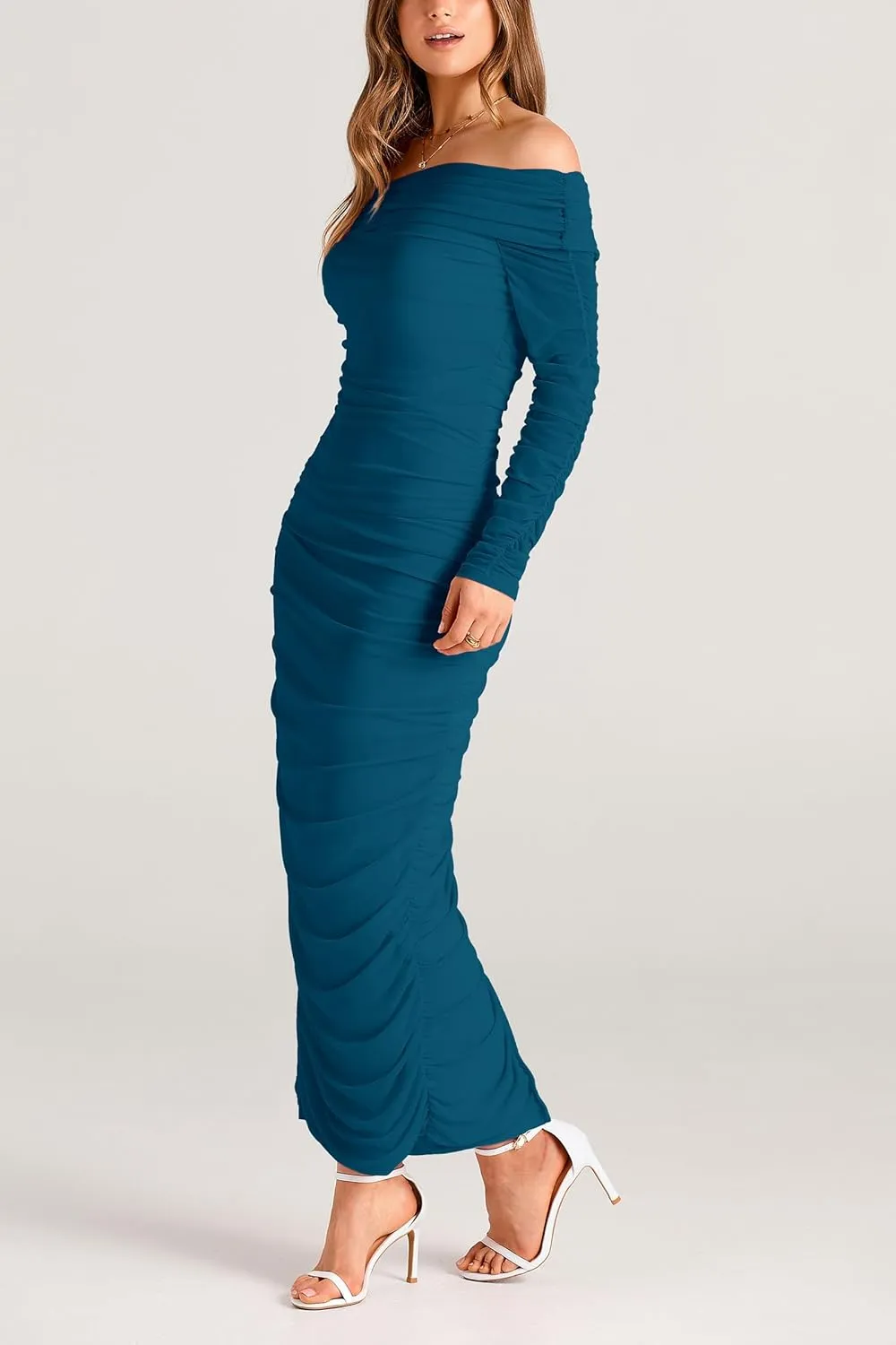 PRETTYGARDEN Women's Fall Off The Shoulder Maxi Dress Spring Long Sleeve Ruched Fitted Bodycon Club Dresses with Slit