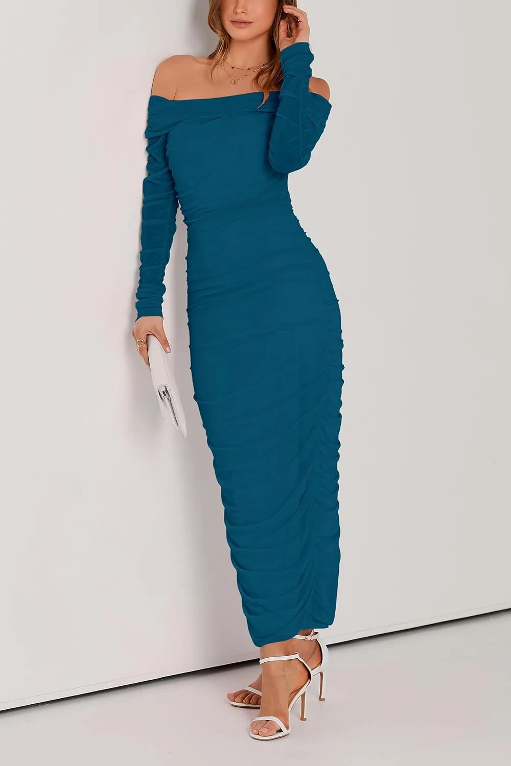 PRETTYGARDEN Women's Fall Off The Shoulder Maxi Dress Spring Long Sleeve Ruched Fitted Bodycon Club Dresses with Slit