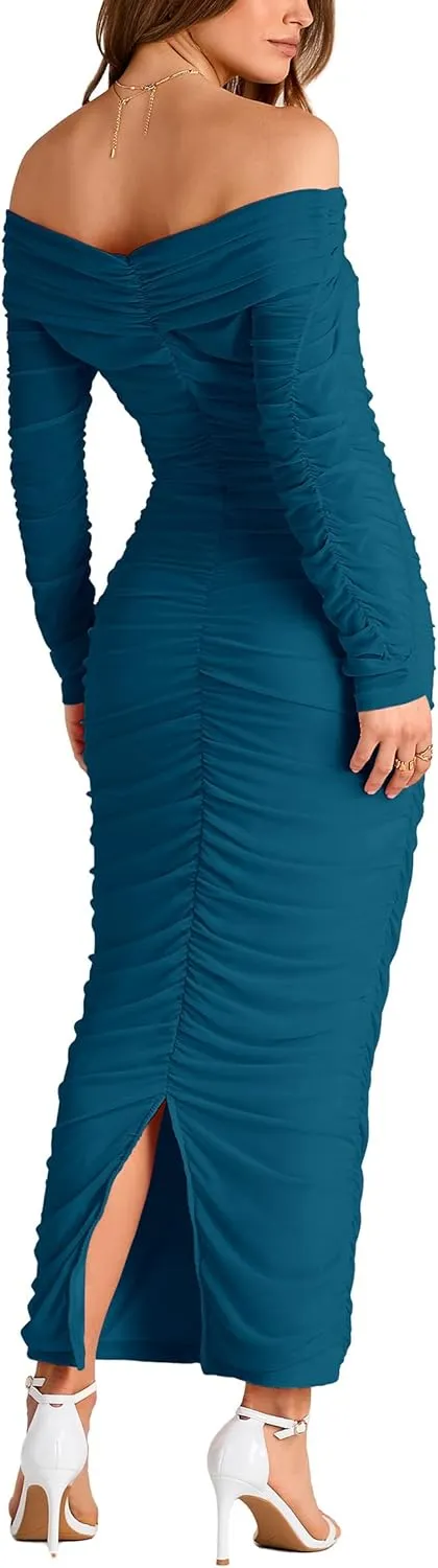 PRETTYGARDEN Women's Fall Off The Shoulder Maxi Dress Spring Long Sleeve Ruched Fitted Bodycon Club Dresses with Slit