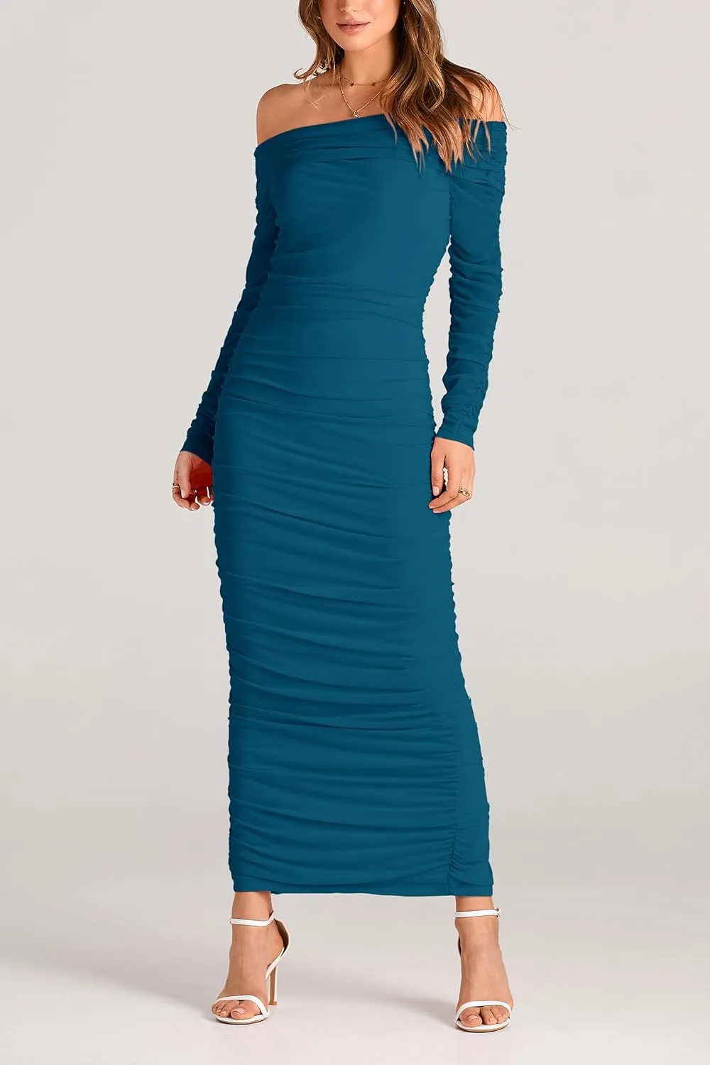 PRETTYGARDEN Women's Fall Off The Shoulder Maxi Dress Spring Long Sleeve Ruched Fitted Bodycon Club Dresses with Slit