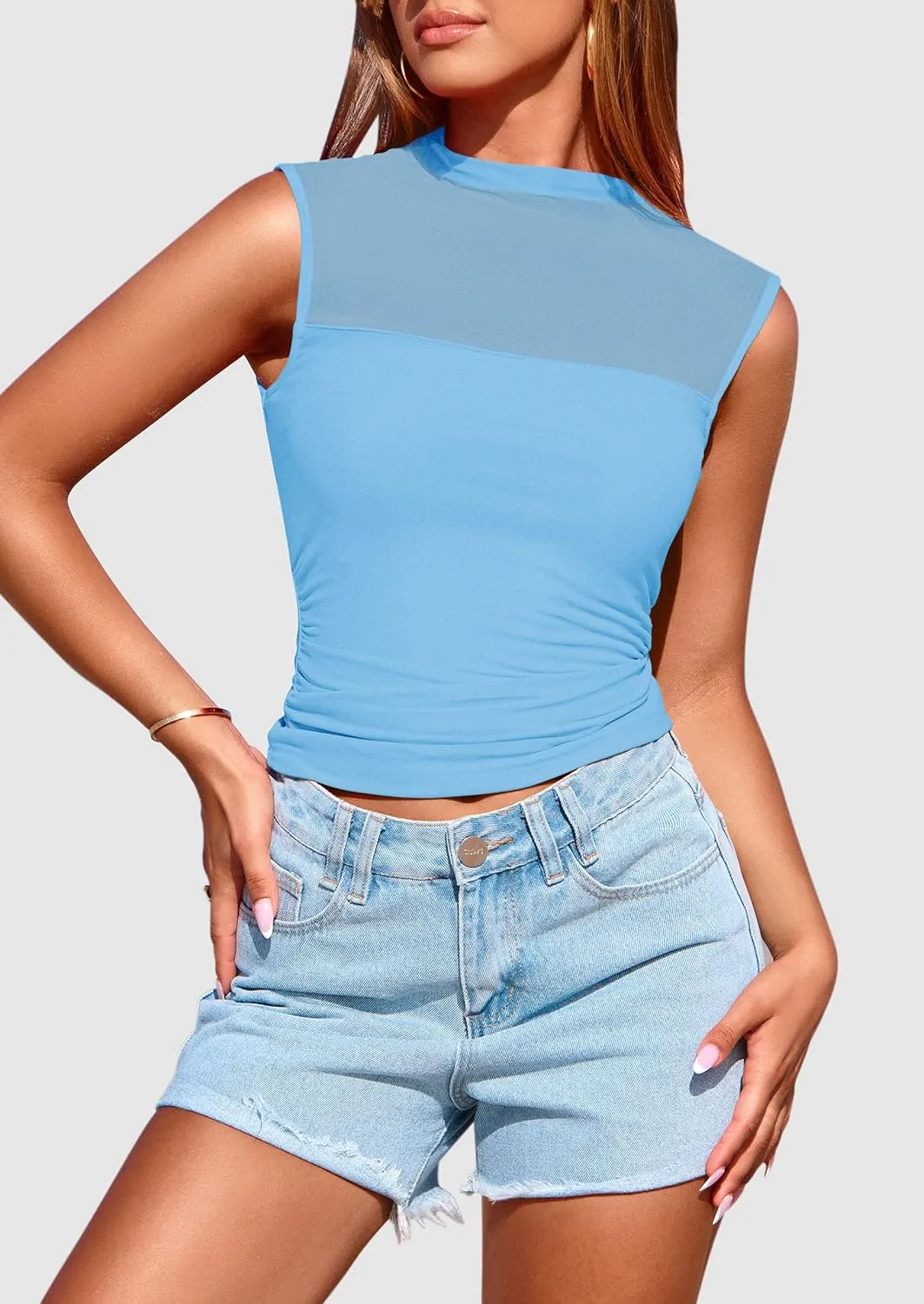 PRETTYGARDEN Women's Sheer Mesh Tank Tops 2025 Summer Trendy Casual Mock Neck Sleeveless Ruched Slim Fitted Going Out Shirts