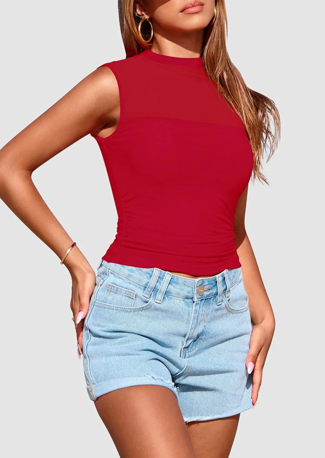 PRETTYGARDEN Women's Sheer Mesh Tank Tops 2025 Summer Trendy Casual Mock Neck Sleeveless Ruched Slim Fitted Going Out Shirts