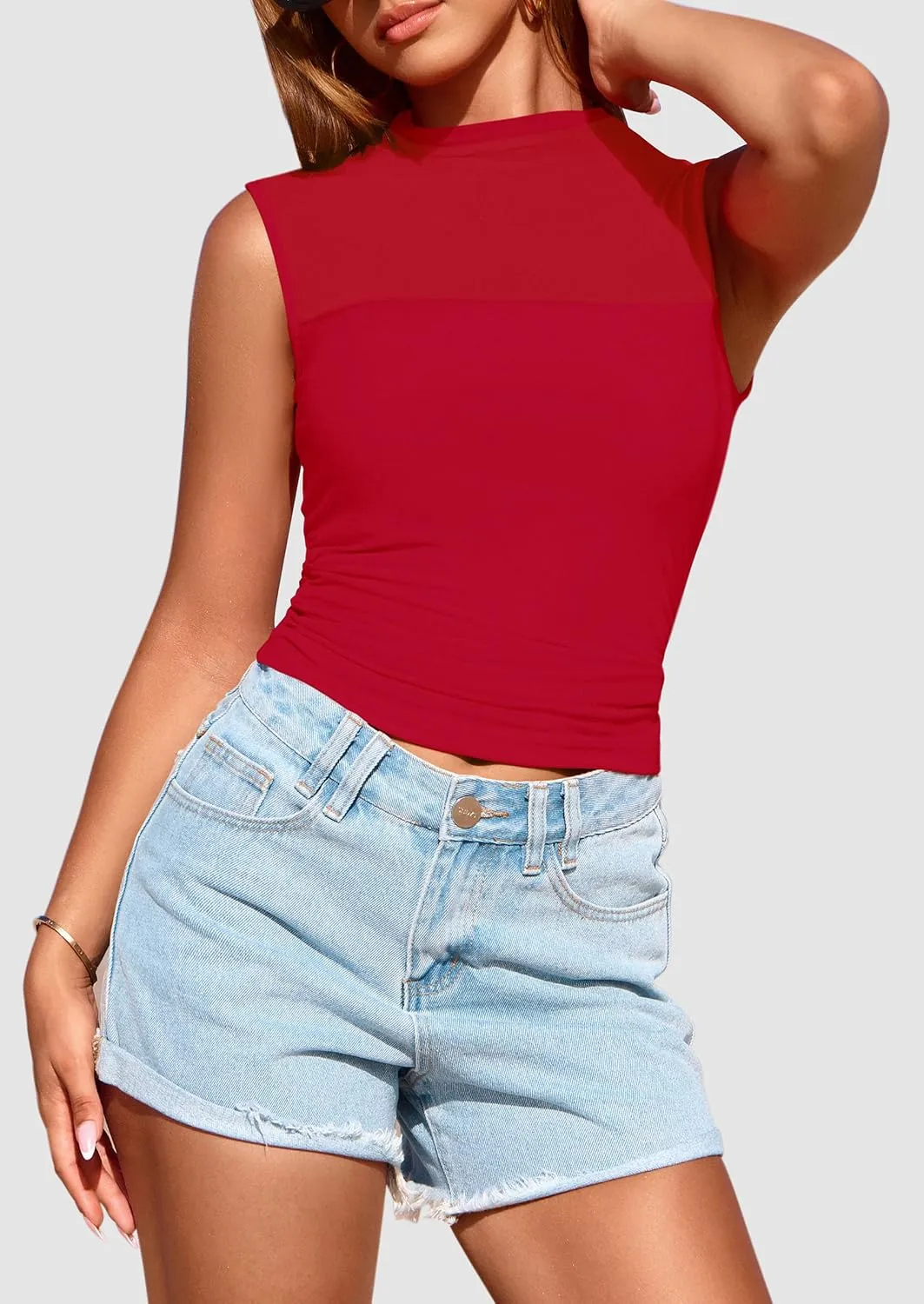 PRETTYGARDEN Women's Sheer Mesh Tank Tops 2025 Summer Trendy Casual Mock Neck Sleeveless Ruched Slim Fitted Going Out Shirts