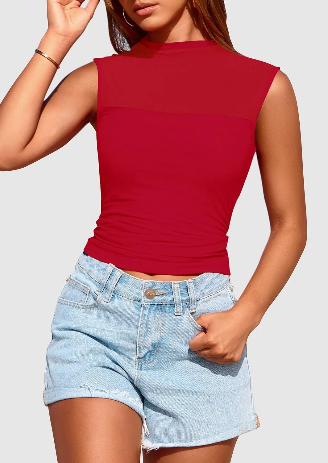 PRETTYGARDEN Women's Sheer Mesh Tank Tops 2025 Summer Trendy Casual Mock Neck Sleeveless Ruched Slim Fitted Going Out Shirts