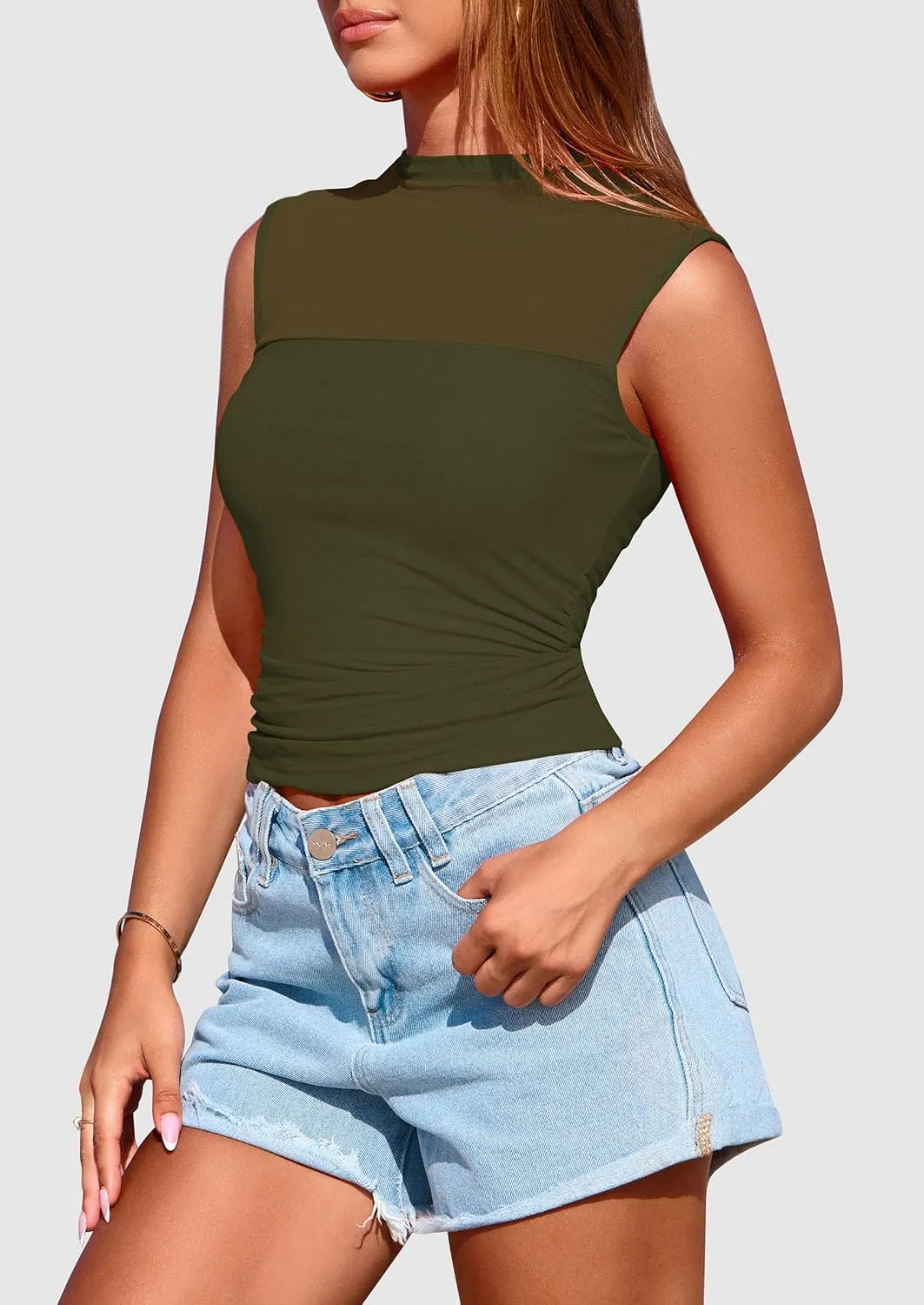 PRETTYGARDEN Women's Sheer Mesh Tank Tops 2025 Summer Trendy Casual Mock Neck Sleeveless Ruched Slim Fitted Going Out Shirts