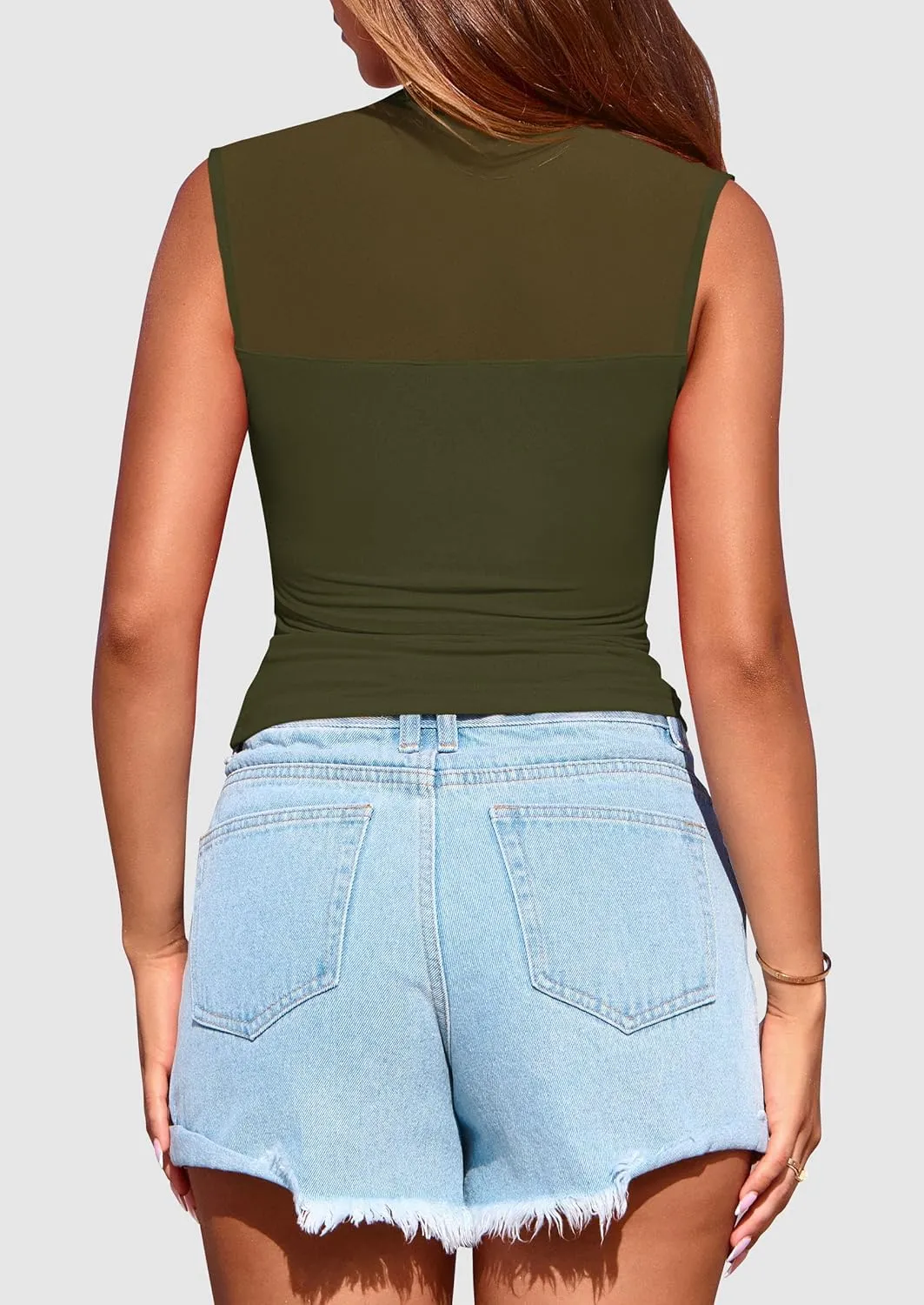 PRETTYGARDEN Women's Sheer Mesh Tank Tops 2025 Summer Trendy Casual Mock Neck Sleeveless Ruched Slim Fitted Going Out Shirts