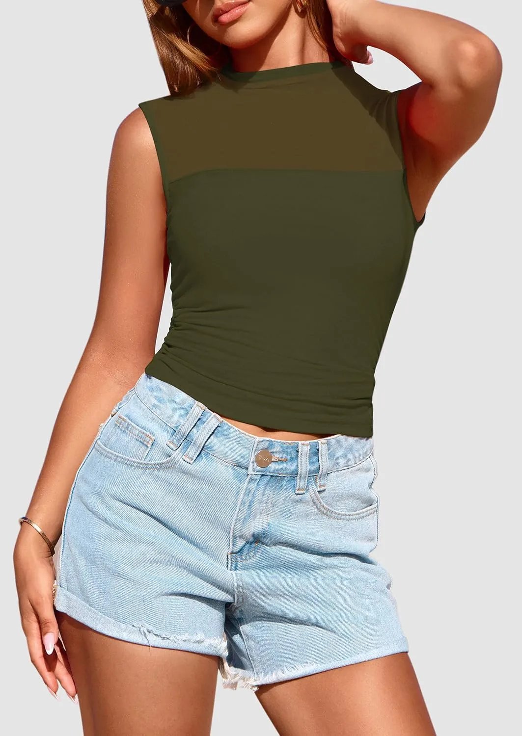 PRETTYGARDEN Women's Sheer Mesh Tank Tops 2025 Summer Trendy Casual Mock Neck Sleeveless Ruched Slim Fitted Going Out Shirts