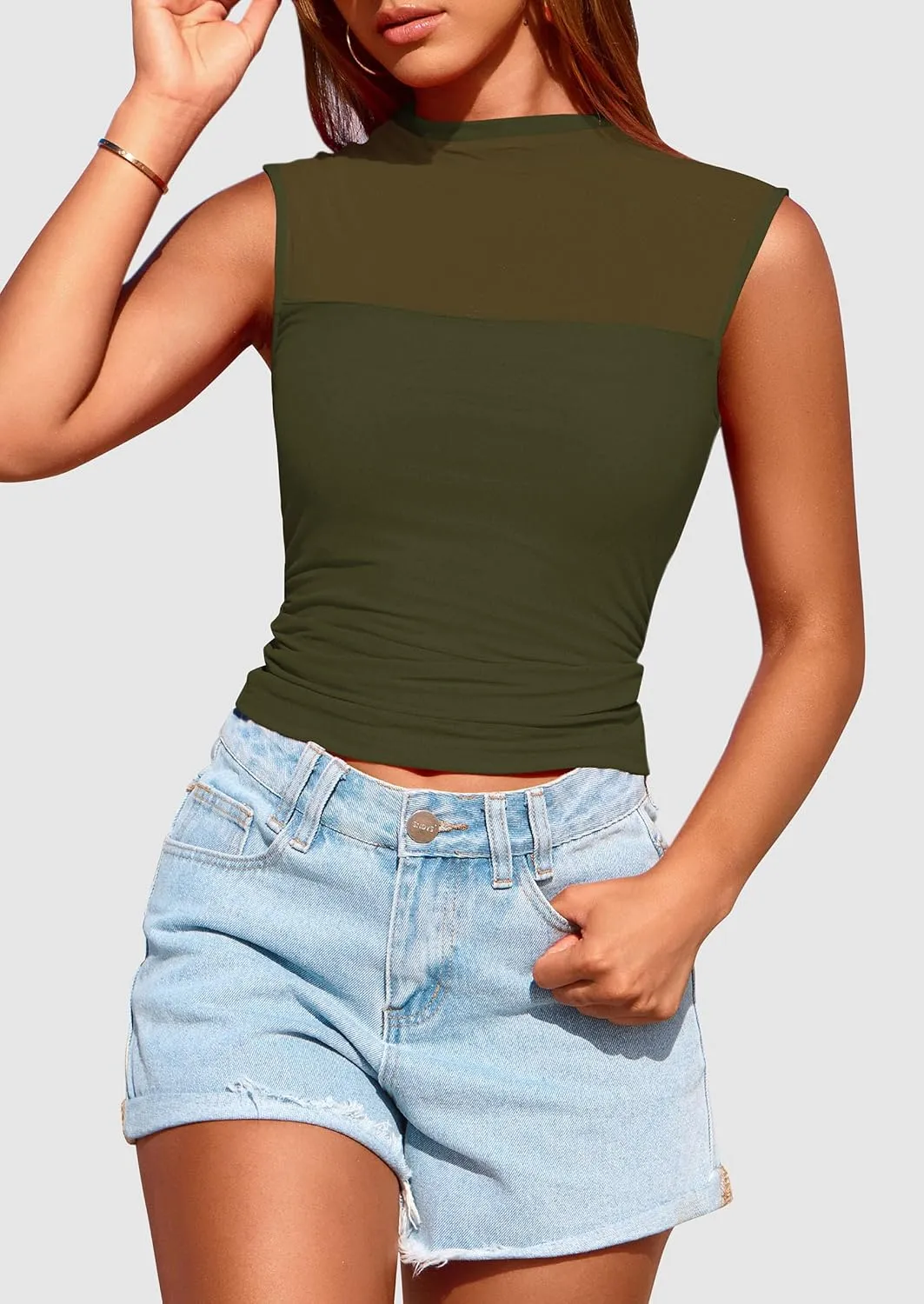 PRETTYGARDEN Women's Sheer Mesh Tank Tops 2025 Summer Trendy Casual Mock Neck Sleeveless Ruched Slim Fitted Going Out Shirts