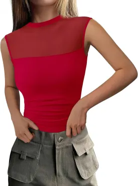 PRETTYGARDEN Women's Sheer Mesh Tank Tops 2025 Summer Trendy Casual Mock Neck Sleeveless Ruched Slim Fitted Going Out Shirts