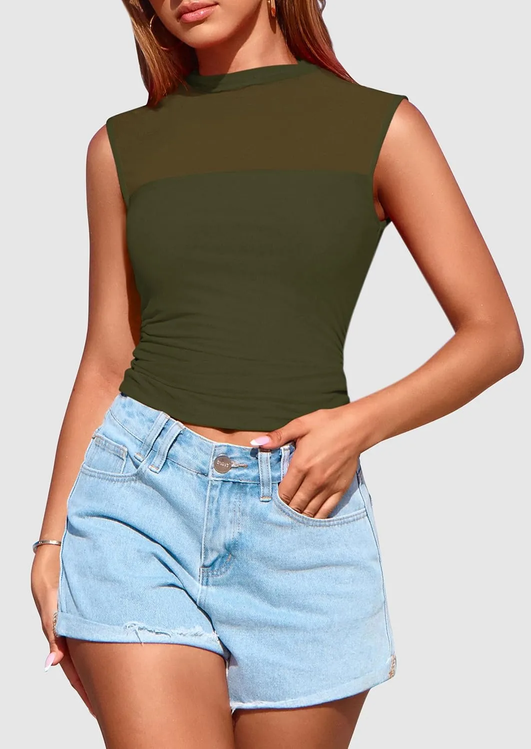 PRETTYGARDEN Women's Sheer Mesh Tank Tops 2025 Summer Trendy Casual Mock Neck Sleeveless Ruched Slim Fitted Going Out Shirts