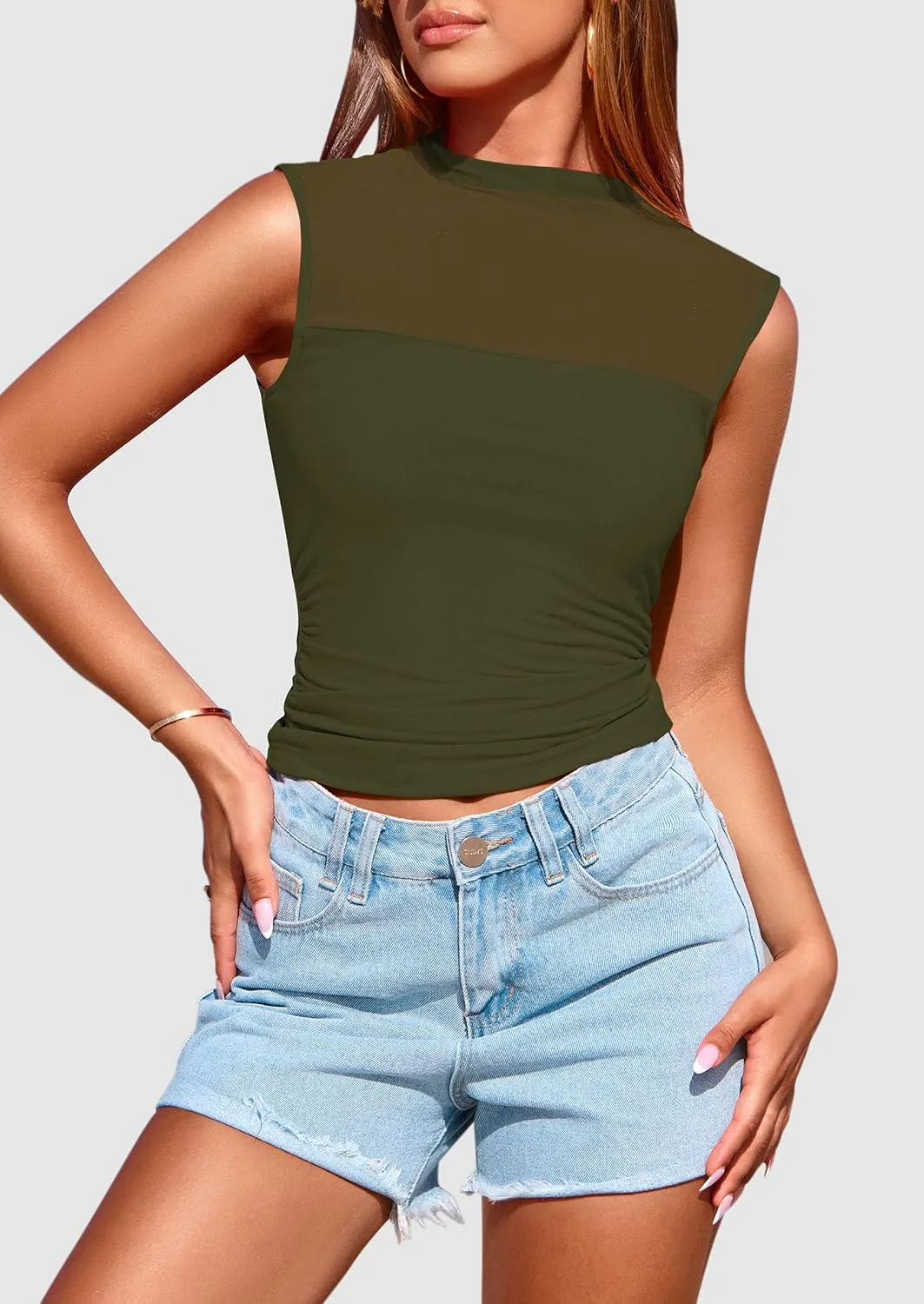 PRETTYGARDEN Women's Sheer Mesh Tank Tops 2025 Summer Trendy Casual Mock Neck Sleeveless Ruched Slim Fitted Going Out Shirts