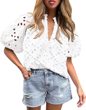 PRETTYGARDEN Women's Summer Short Sleeve Tops 2025 Dressy Casual Buttons V Neck Hollow Out Lace Embroidered Blouses Shirts