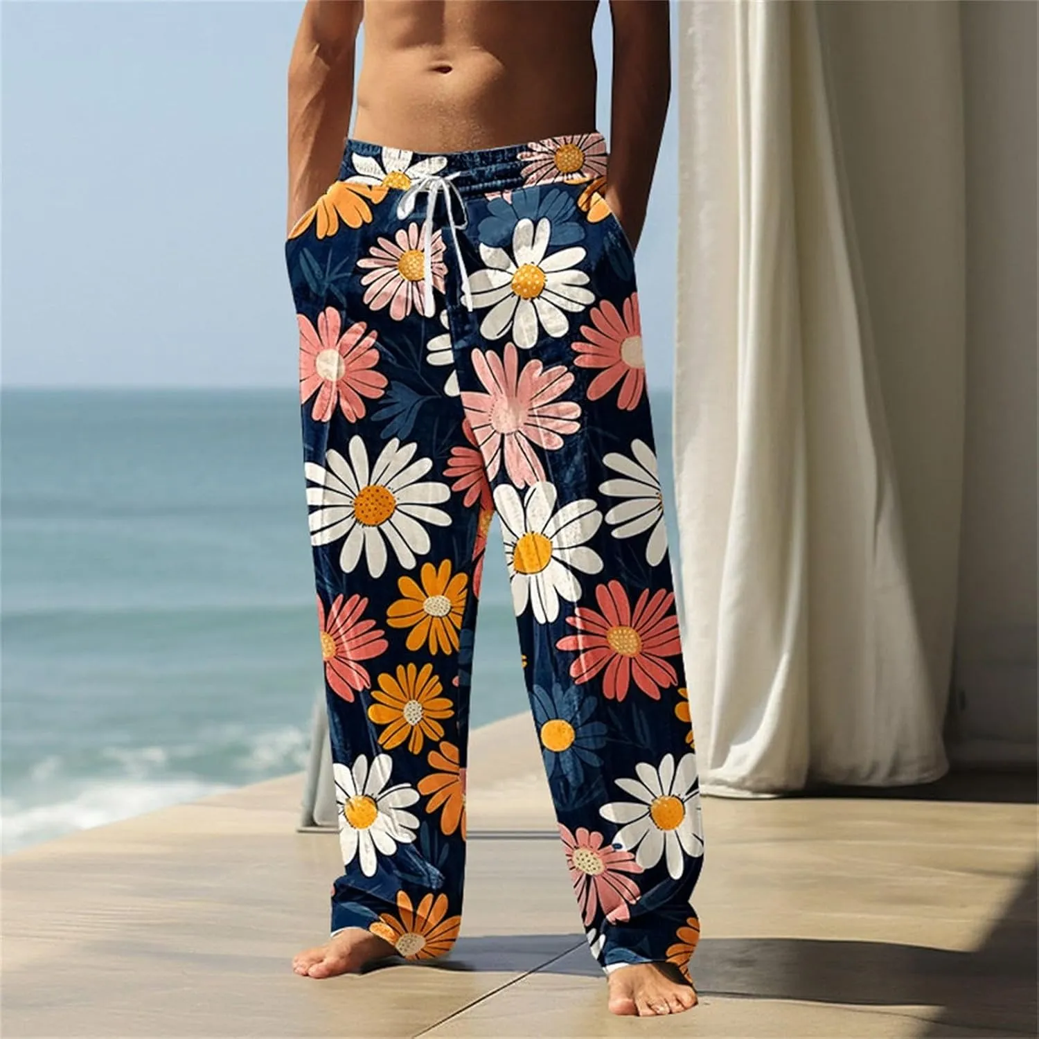 Relaxed Fit Hawaiian Pineapple Pants for Men Lightweight Beach Sweatpants Tropical Graphic Drawstring Lounge Vacation