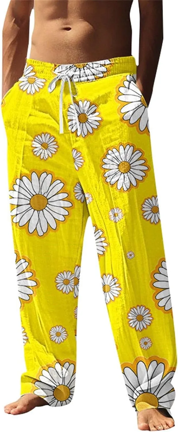 Relaxed Fit Hawaiian Pineapple Pants for Men Lightweight Beach Sweatpants Tropical Graphic Drawstring Lounge Vacation