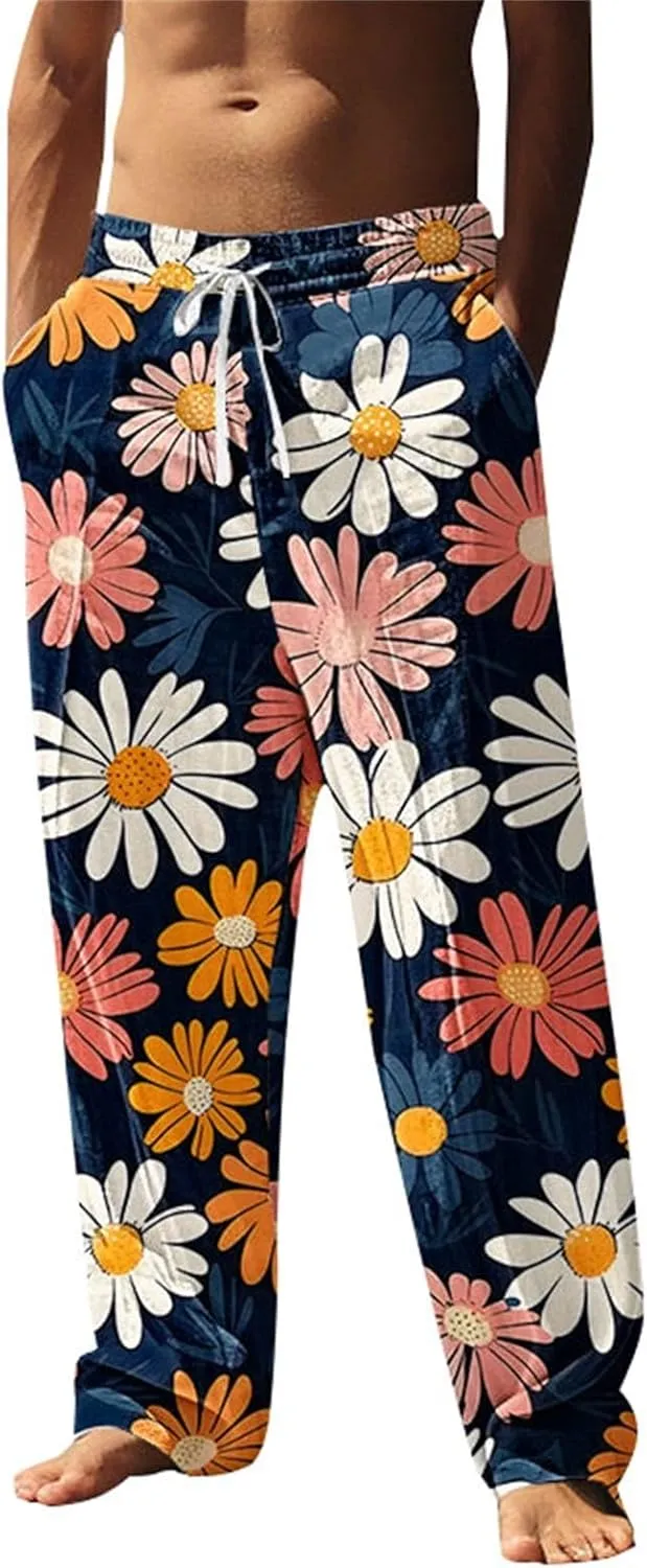 Relaxed Fit Hawaiian Pineapple Pants for Men Lightweight Beach Sweatpants Tropical Graphic Drawstring Lounge Vacation