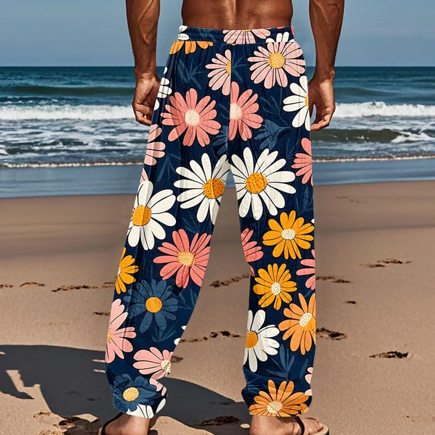 Relaxed Fit Hawaiian Pineapple Pants for Men Lightweight Beach Sweatpants Tropical Graphic Drawstring Lounge Vacation