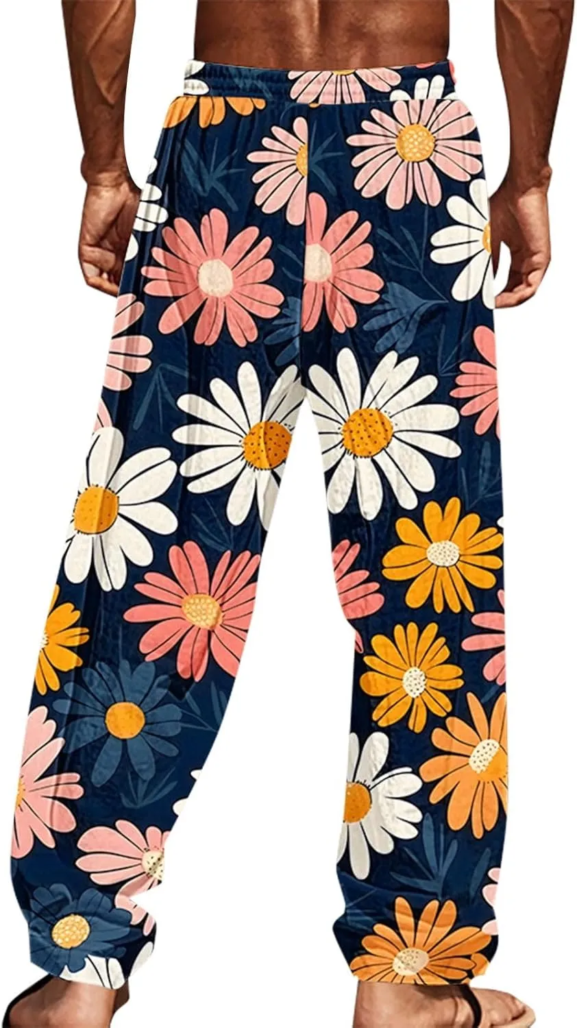 Relaxed Fit Hawaiian Pineapple Pants for Men Lightweight Beach Sweatpants Tropical Graphic Drawstring Lounge Vacation
