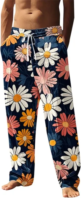 Relaxed Fit Hawaiian Pineapple Pants for Men Lightweight Beach Sweatpants Tropical Graphic Drawstring Lounge Vacation