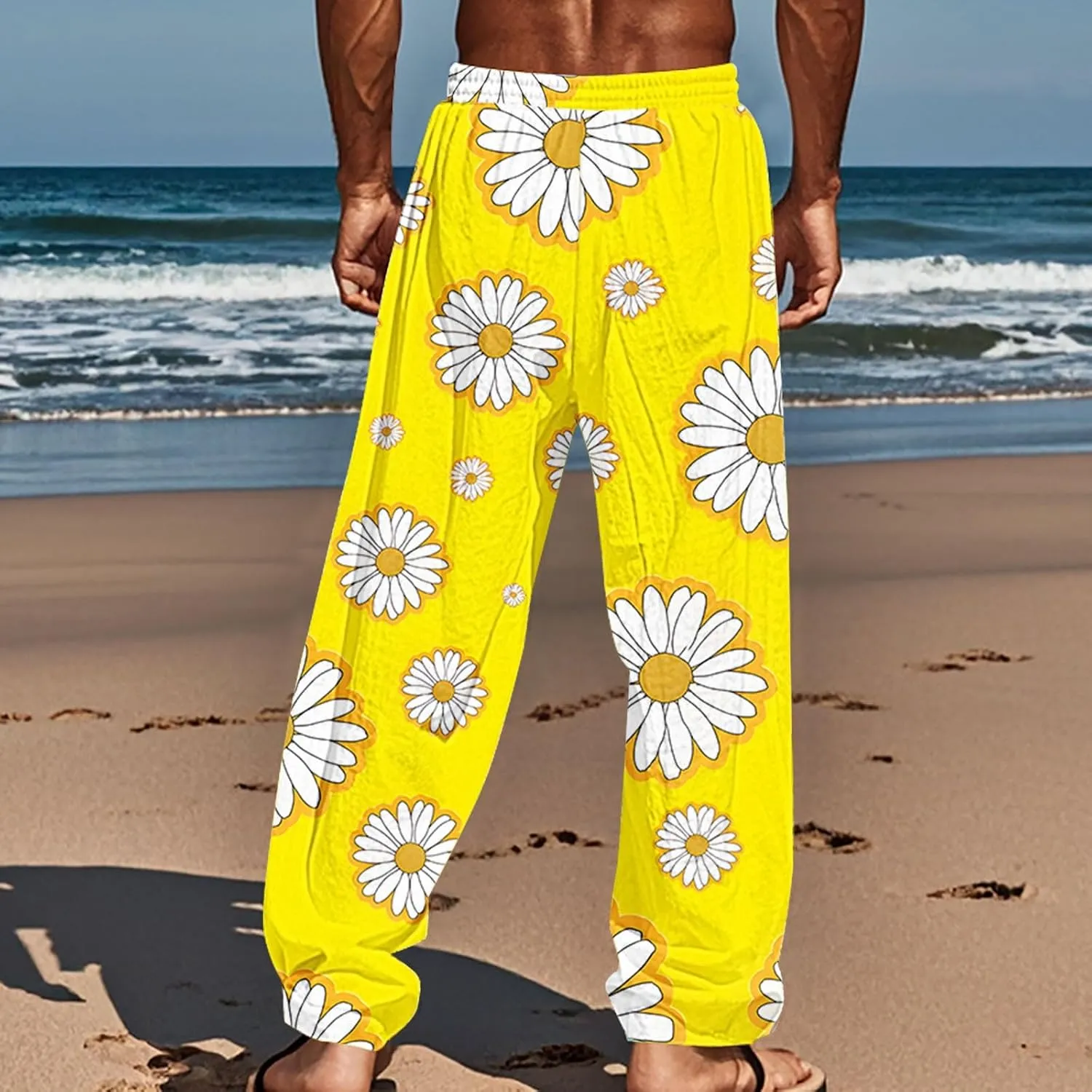 Relaxed Fit Hawaiian Pineapple Pants for Men Lightweight Beach Sweatpants Tropical Graphic Drawstring Lounge Vacation