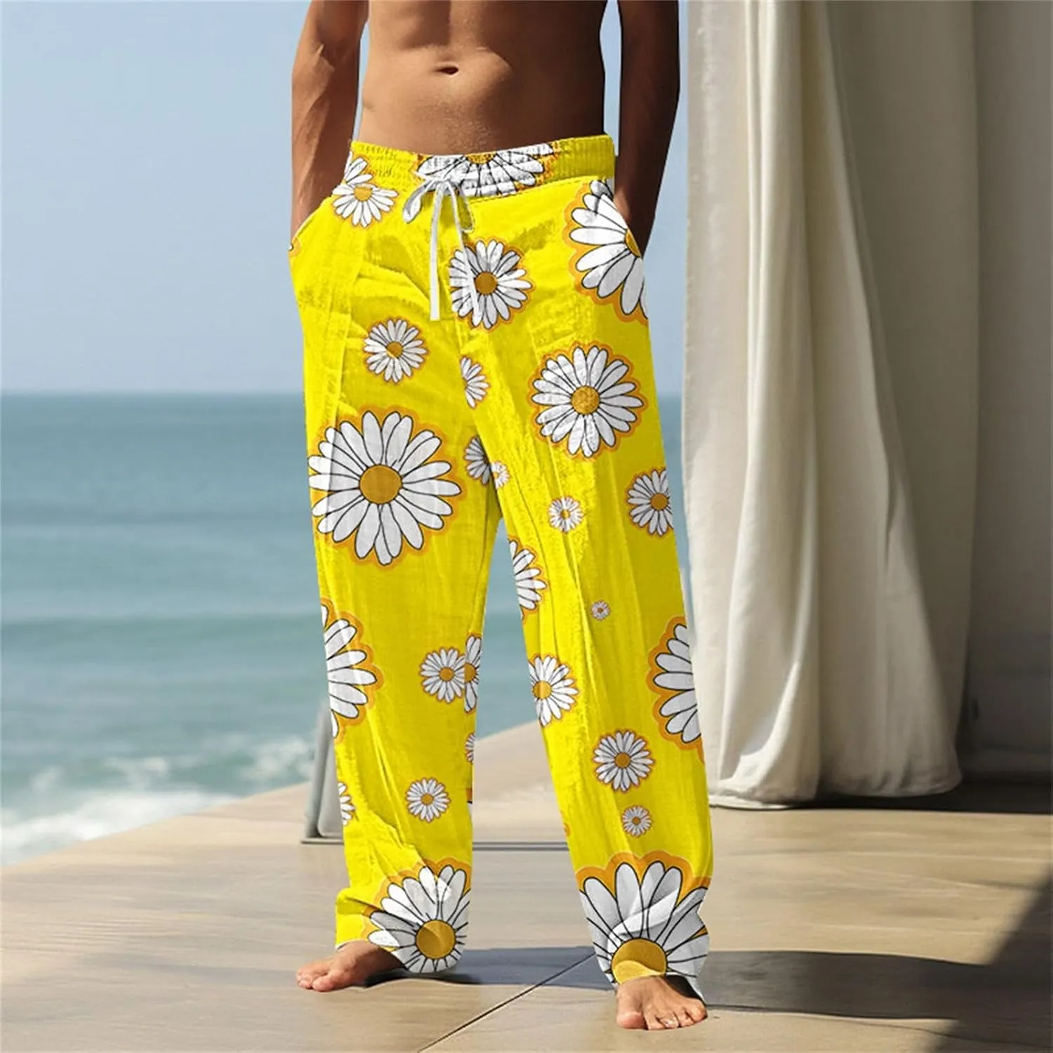 Relaxed Fit Hawaiian Pineapple Pants for Men Lightweight Beach Sweatpants Tropical Graphic Drawstring Lounge Vacation