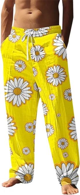 Relaxed Fit Hawaiian Pineapple Pants for Men Lightweight Beach Sweatpants Tropical Graphic Drawstring Lounge Vacation