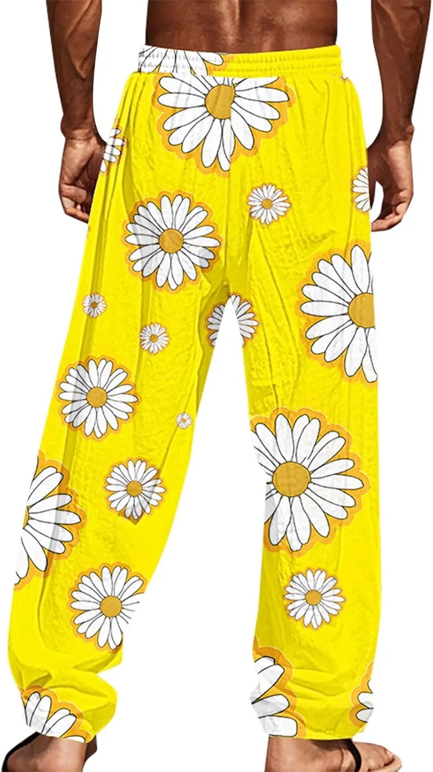 Relaxed Fit Hawaiian Pineapple Pants for Men Lightweight Beach Sweatpants Tropical Graphic Drawstring Lounge Vacation