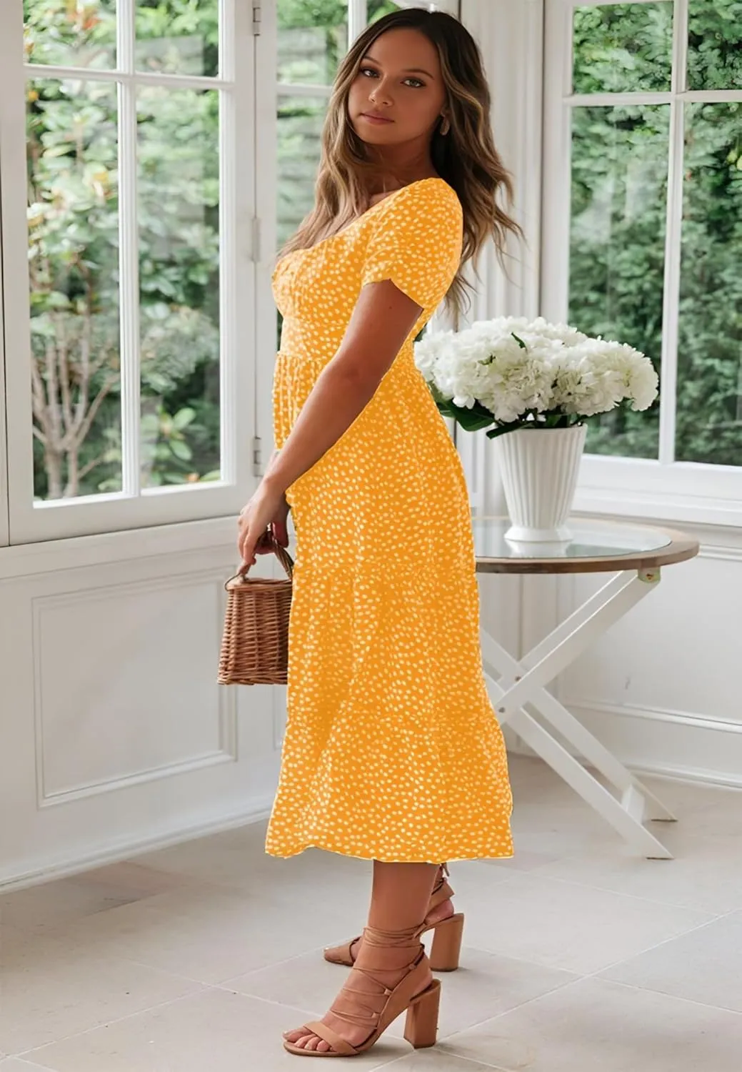 Roll Up Fashion Women's Girls Spring Summer Floral Midi Dress Ruffle Hem Puff Sleeves Cute Trendy Dresses