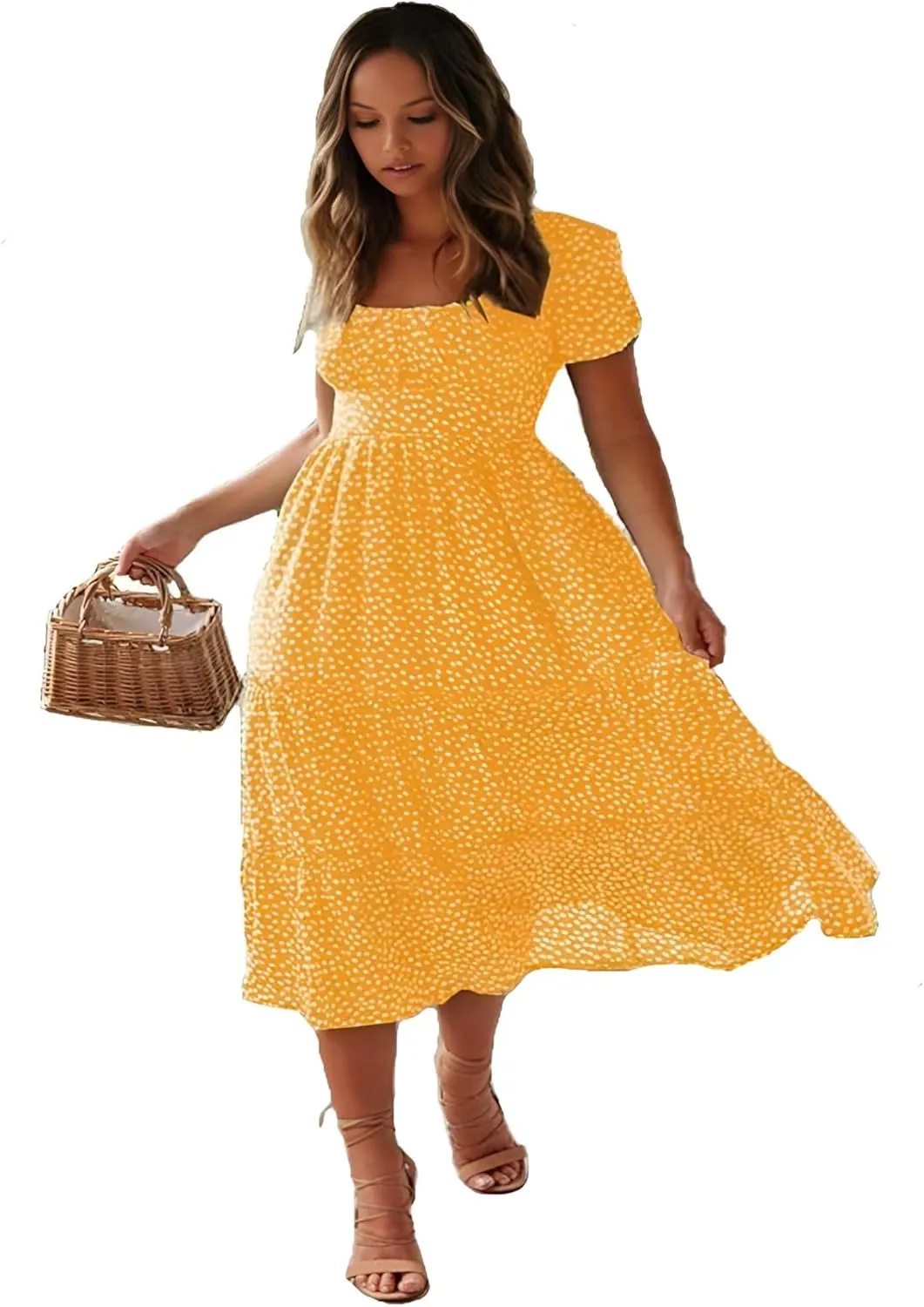 Roll Up Fashion Women's Girls Spring Summer Floral Midi Dress Ruffle Hem Puff Sleeves Cute Trendy Dresses