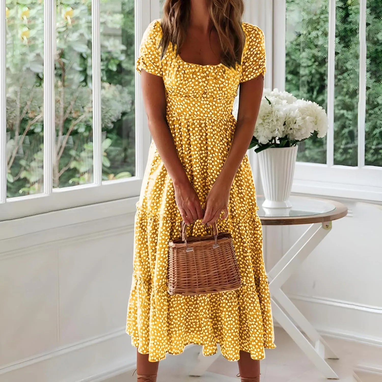 Roll Up Fashion Women's Girls Spring Summer Floral Midi Dress Ruffle Hem Puff Sleeves Cute Trendy Dresses