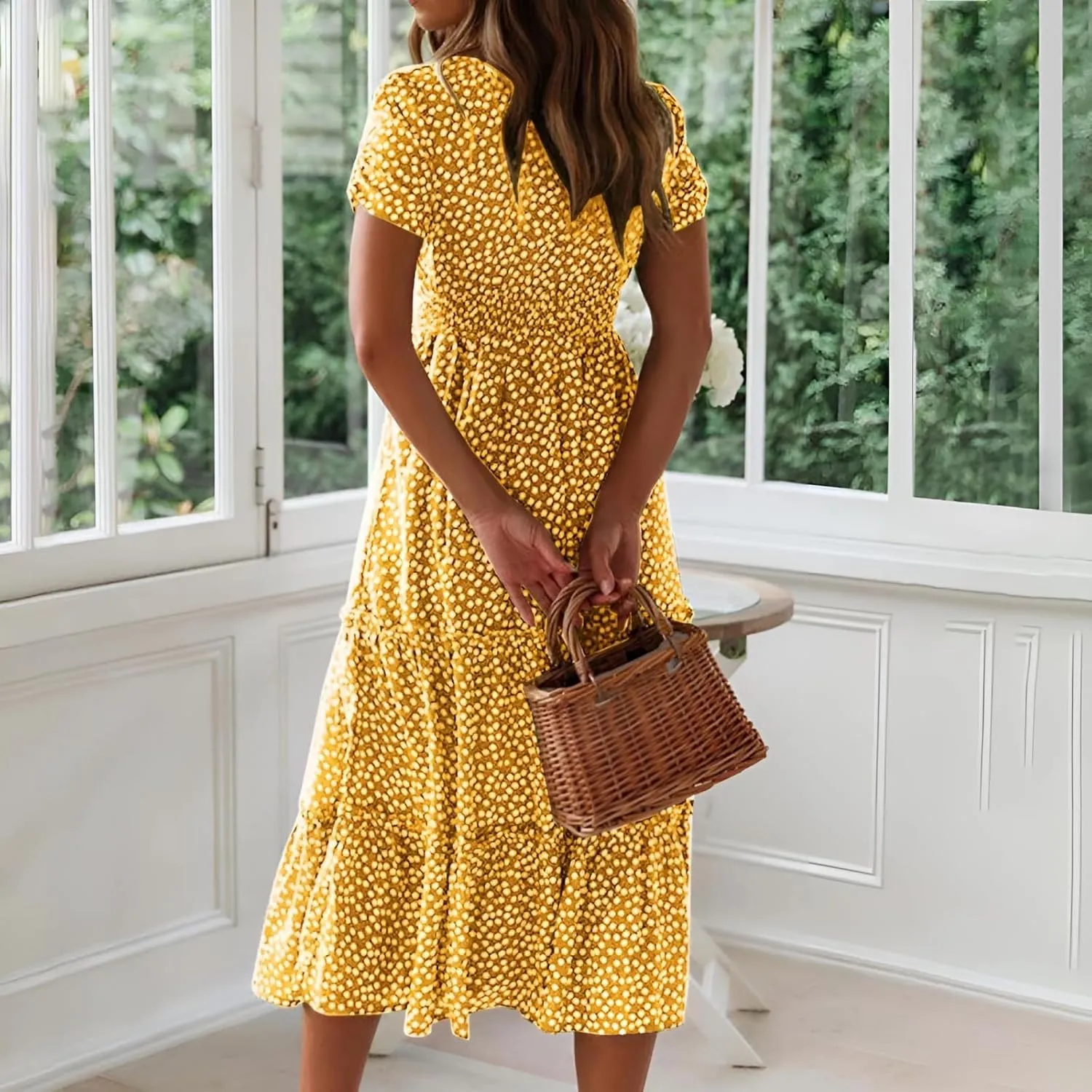 Roll Up Fashion Women's Girls Spring Summer Floral Midi Dress Ruffle Hem Puff Sleeves Cute Trendy Dresses