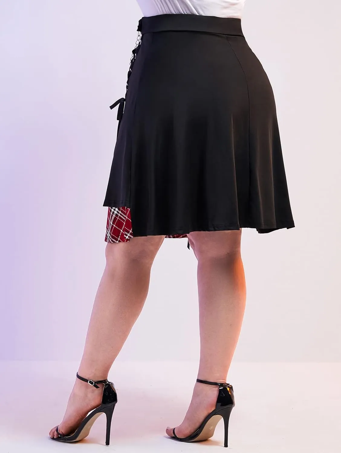 ROSE GAL Women's Plus Size Mini A-Line Gothic Skirt Casual Plain Chain Detail High Waisted Short Stitching Plaid Pleated