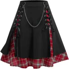 ROSE GAL Women's Plus Size Mini A-Line Gothic Skirt Casual Plain Chain Detail High Waisted Short Stitching Plaid Pleated