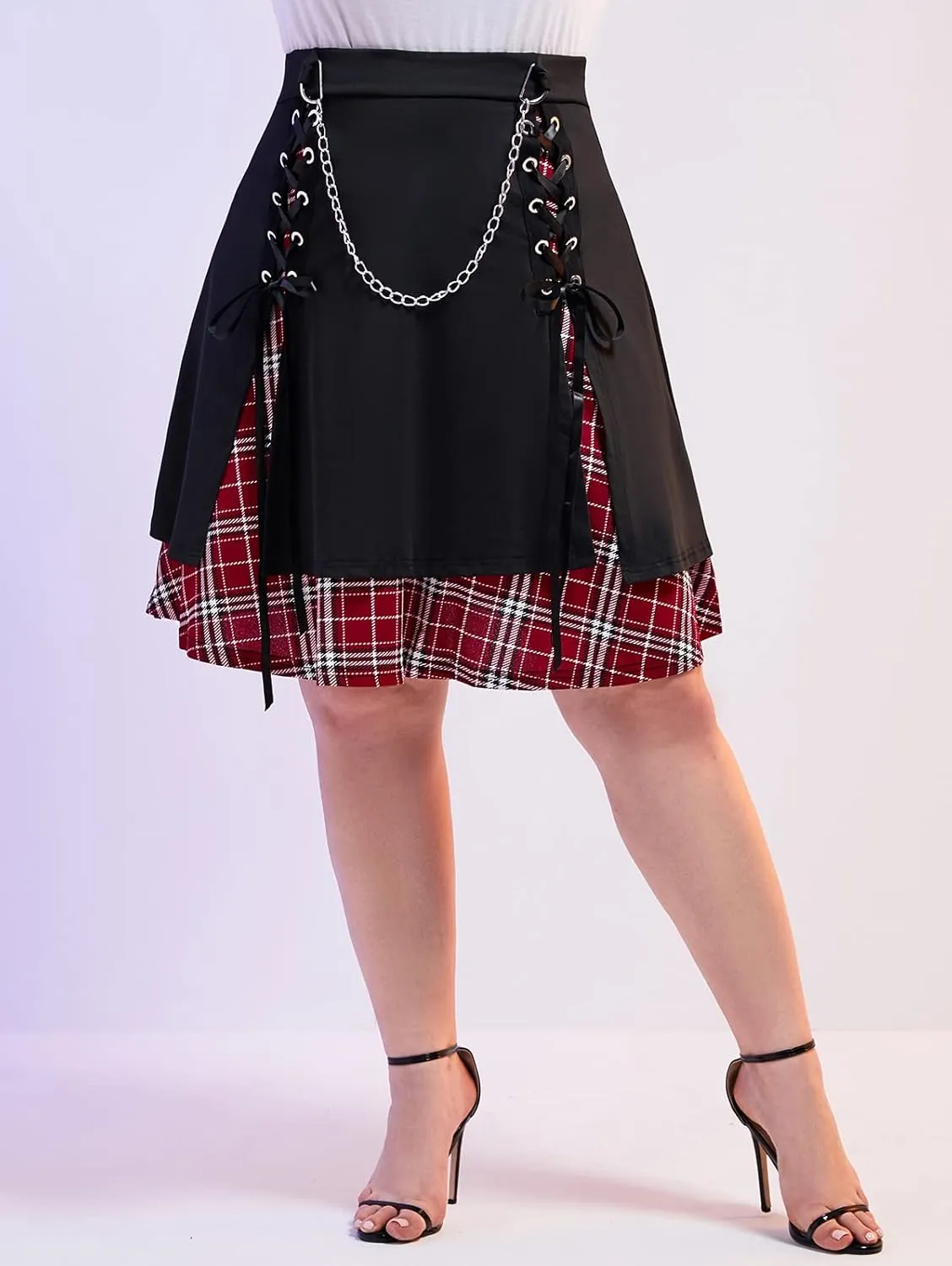ROSE GAL Women's Plus Size Mini A-Line Gothic Skirt Casual Plain Chain Detail High Waisted Short Stitching Plaid Pleated